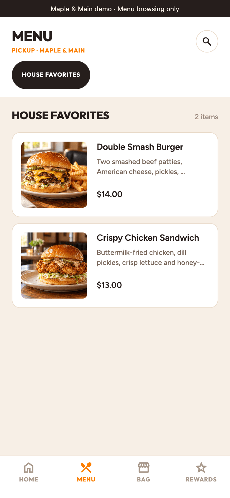 Maple & Main app menu with smash burger and crispy chicken photos and prices