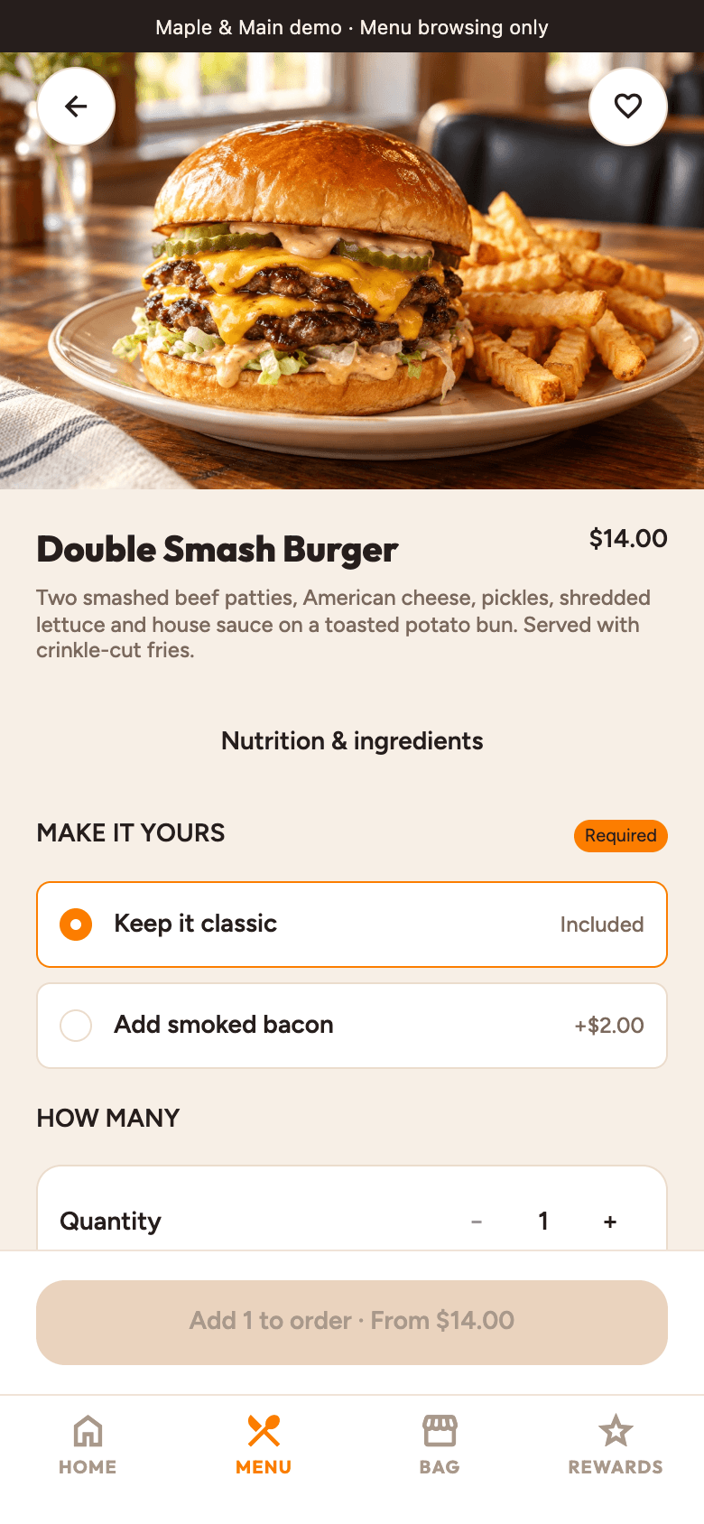 Maple & Main Double Smash Burger screen with smoked bacon customization